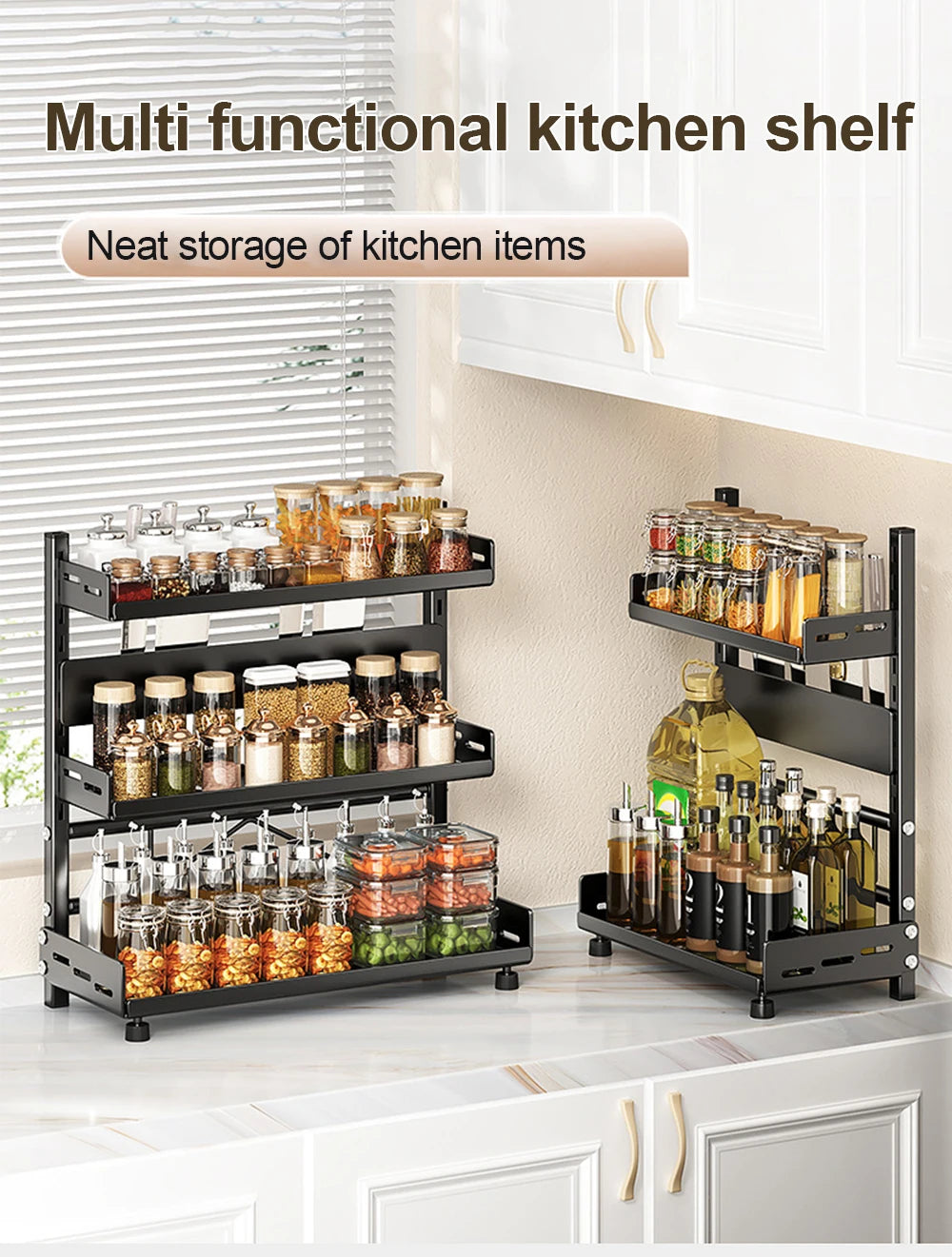 3 Tier Spice Storage Rack for Countertop Adjustable Spice Organization for Cabinet Kitchen Organizer Metal Shelf Black