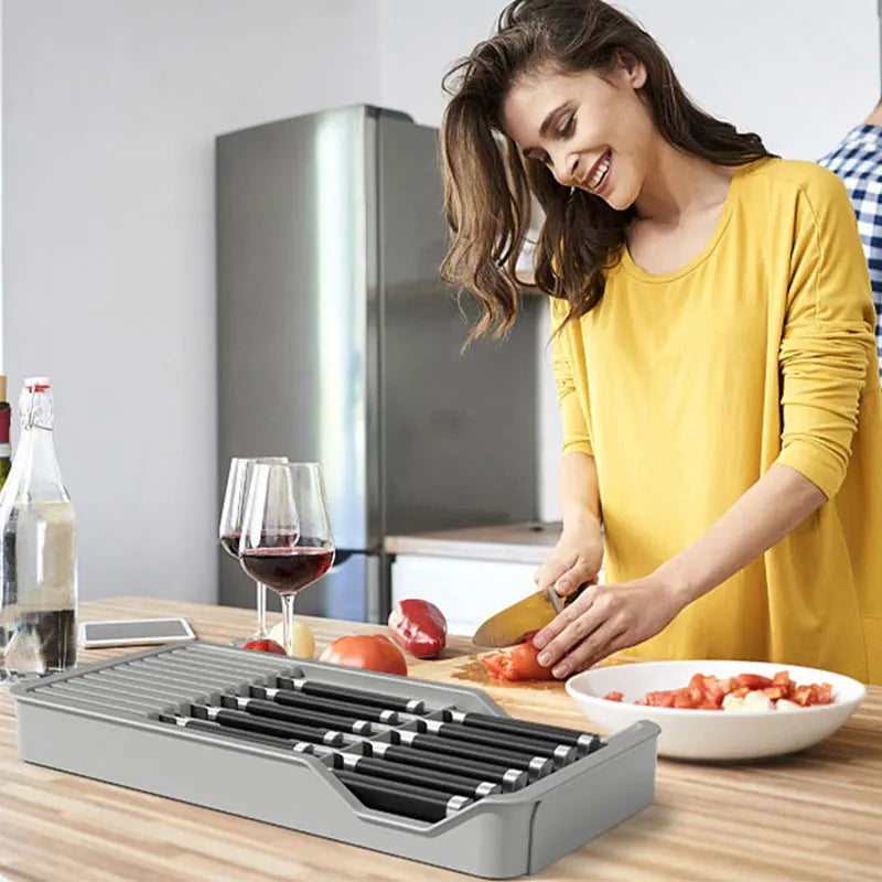 Knife Block Holder with Expandable Organizer Storage Tray for Kitchen Countertop Retractable Knife Organizer Drawer Insert