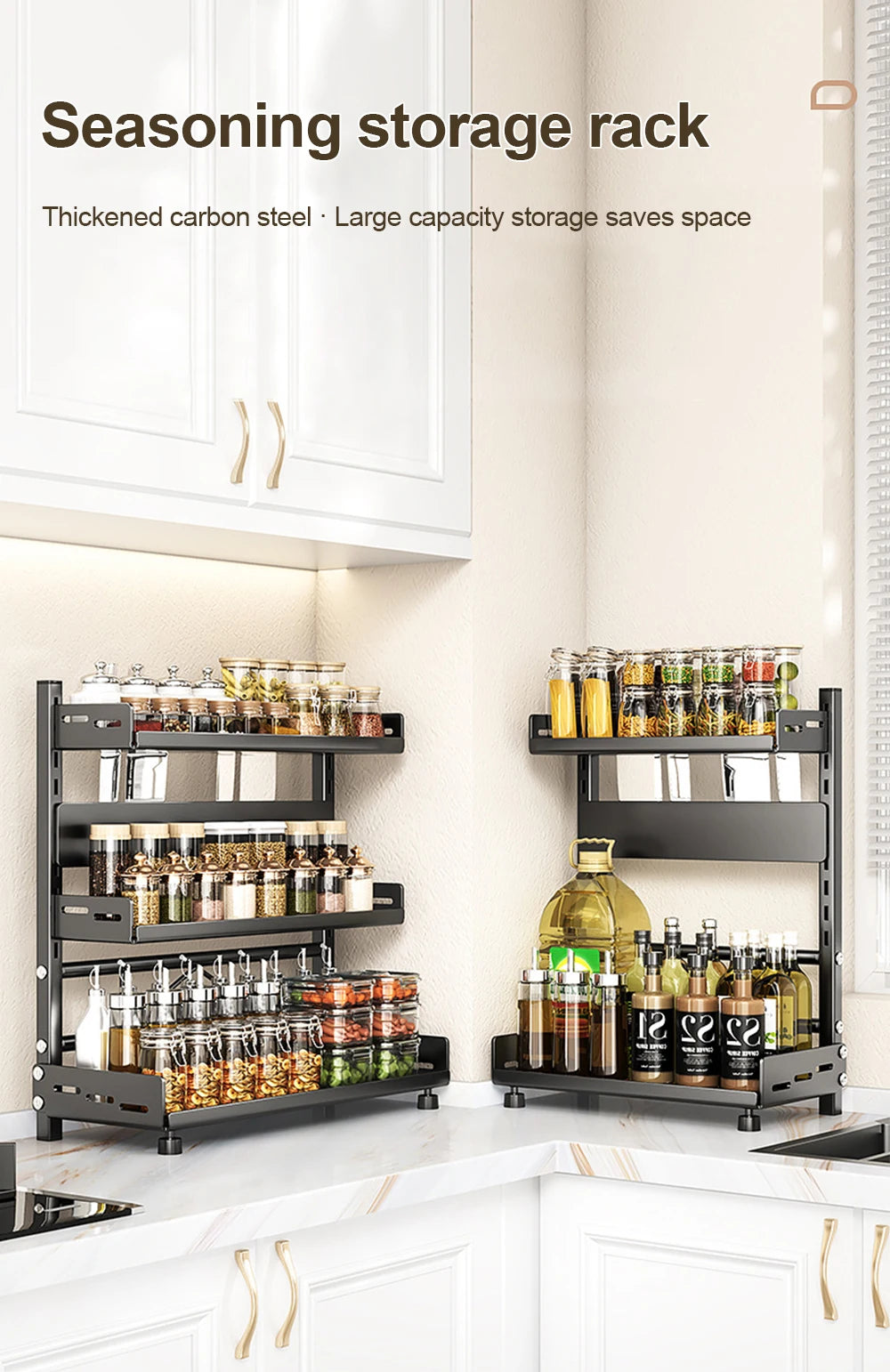 3 Tier Spice Storage Rack for Countertop Adjustable Spice Organization for Cabinet Kitchen Organizer Metal Shelf Black