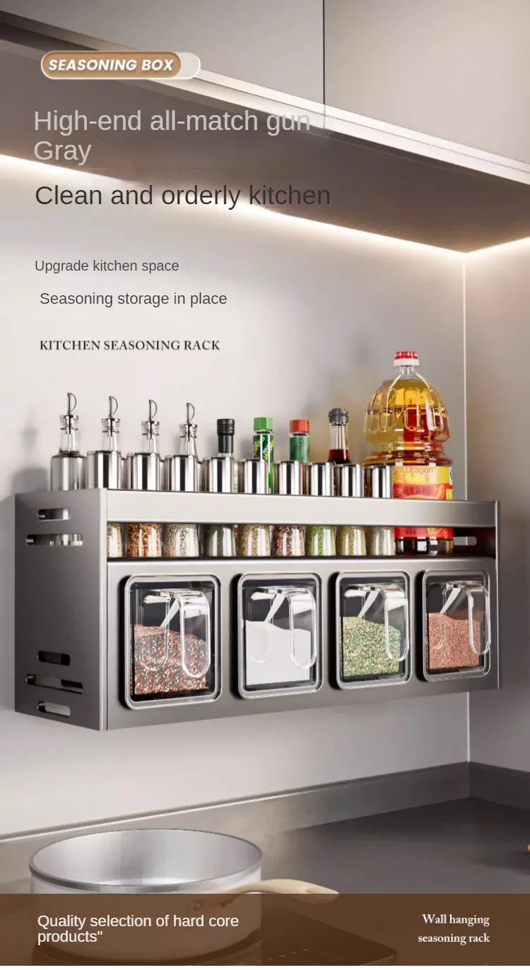 New Kitchen Spice Shelf Wall-mounted Spice Storage Rack Kitchen Seasoning Organizer Holder No Punching Required Storage Shelf
