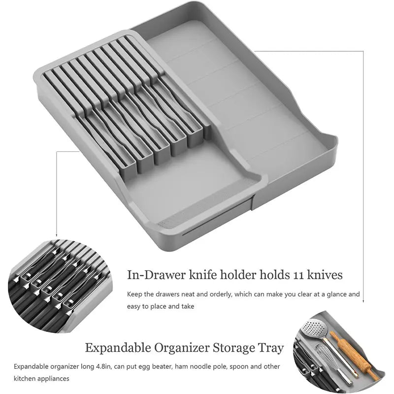 Knife Block Holder with Expandable Organizer Storage Tray for Kitchen Countertop Retractable Knife Organizer Drawer Insert
