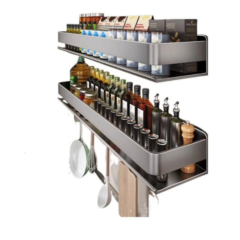 Metal Wall-Mounted Spice Rack Multifunctional Item Shelf Hooks Condiment Storage Organizer Rack Kitchen Accessories Organizer