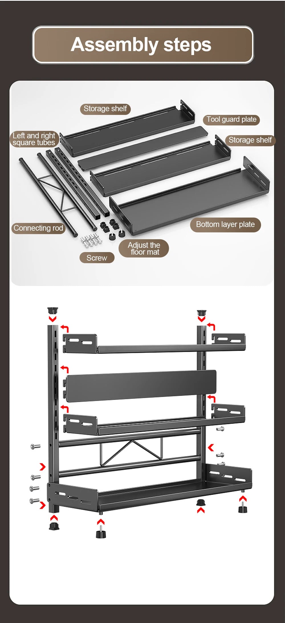 3 Tier Spice Storage Rack for Countertop Adjustable Spice Organization for Cabinet Kitchen Organizer Metal Shelf Black