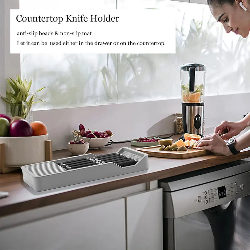 Knife Block Holder with Expandable Organizer Storage Tray for Kitchen Countertop Retractable Knife Organizer Drawer Insert
