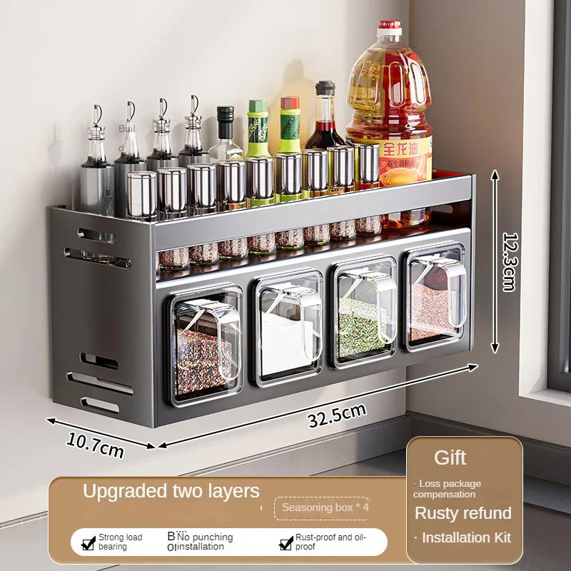 New Kitchen Spice Shelf Wall-mounted Spice Storage Rack Kitchen Seasoning Organizer Holder No Punching Required Storage Shelf