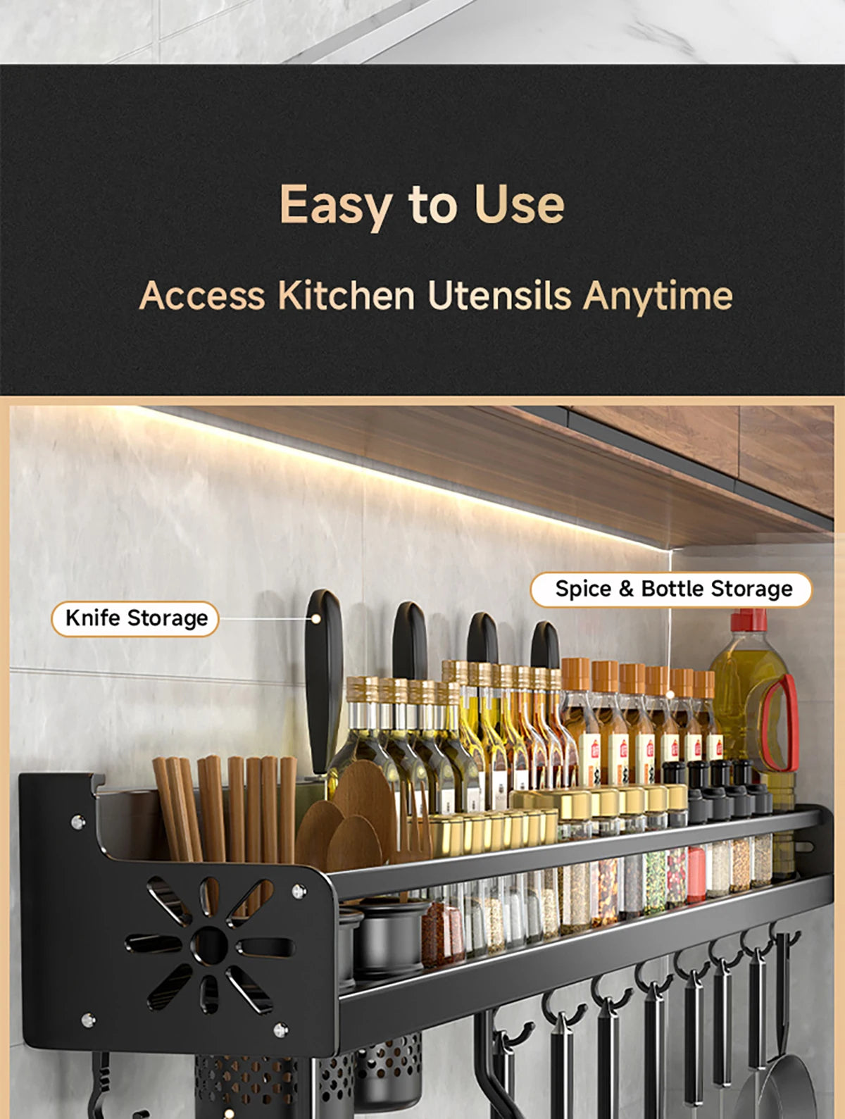 Metal Kitchen Shelf No-Punch Large Capacity Storage Kitchen Utensils Skeletonized Drainage Design Easy to Clean Black