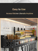 Metal Kitchen Shelf No-Punch Large Capacity Storage Kitchen Utensils Skeletonized Drainage Design Easy to Clean Black