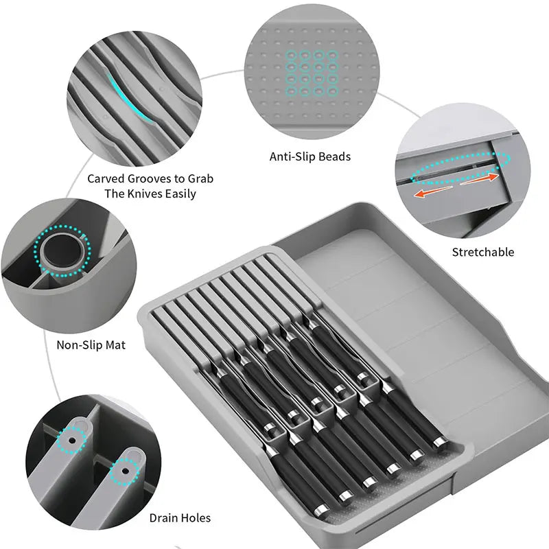 Knife Block Holder with Expandable Organizer Storage Tray for Kitchen Countertop Retractable Knife Organizer Drawer Insert