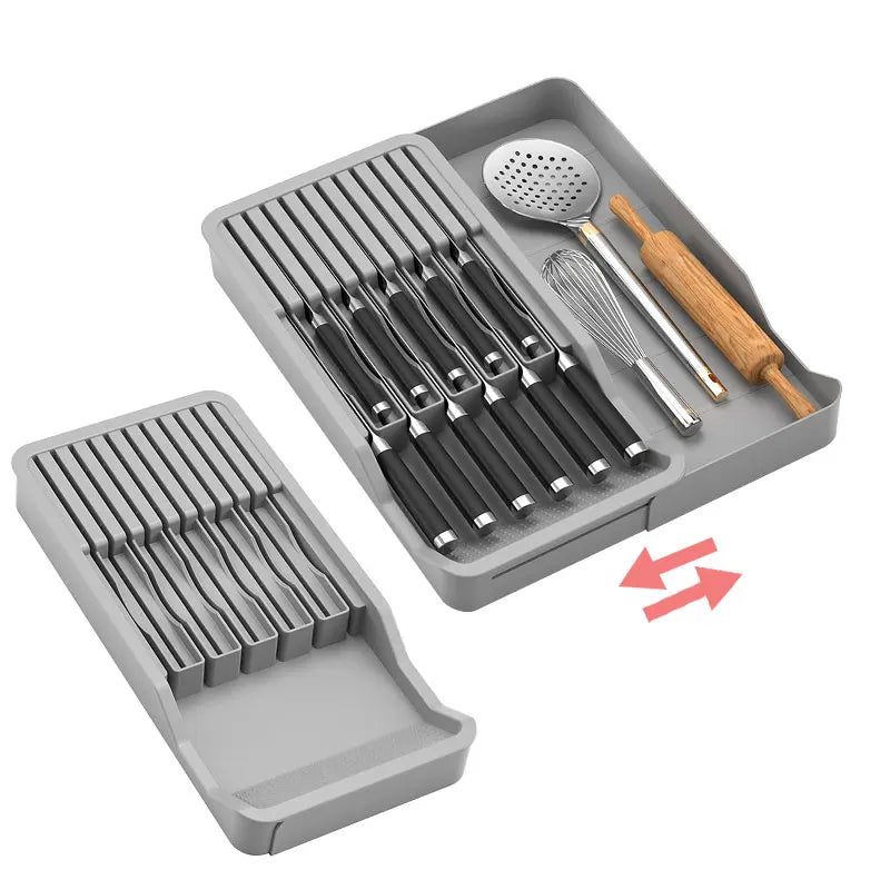 Knife Block Holder with Expandable Organizer Storage Tray for Kitchen Countertop Retractable Knife Organizer Drawer Insert