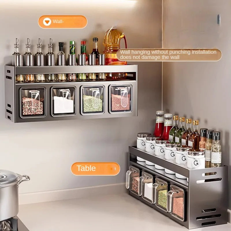 New Kitchen Spice Shelf Wall-mounted Spice Storage Rack Kitchen Seasoning Organizer Holder No Punching Required Storage Shelf