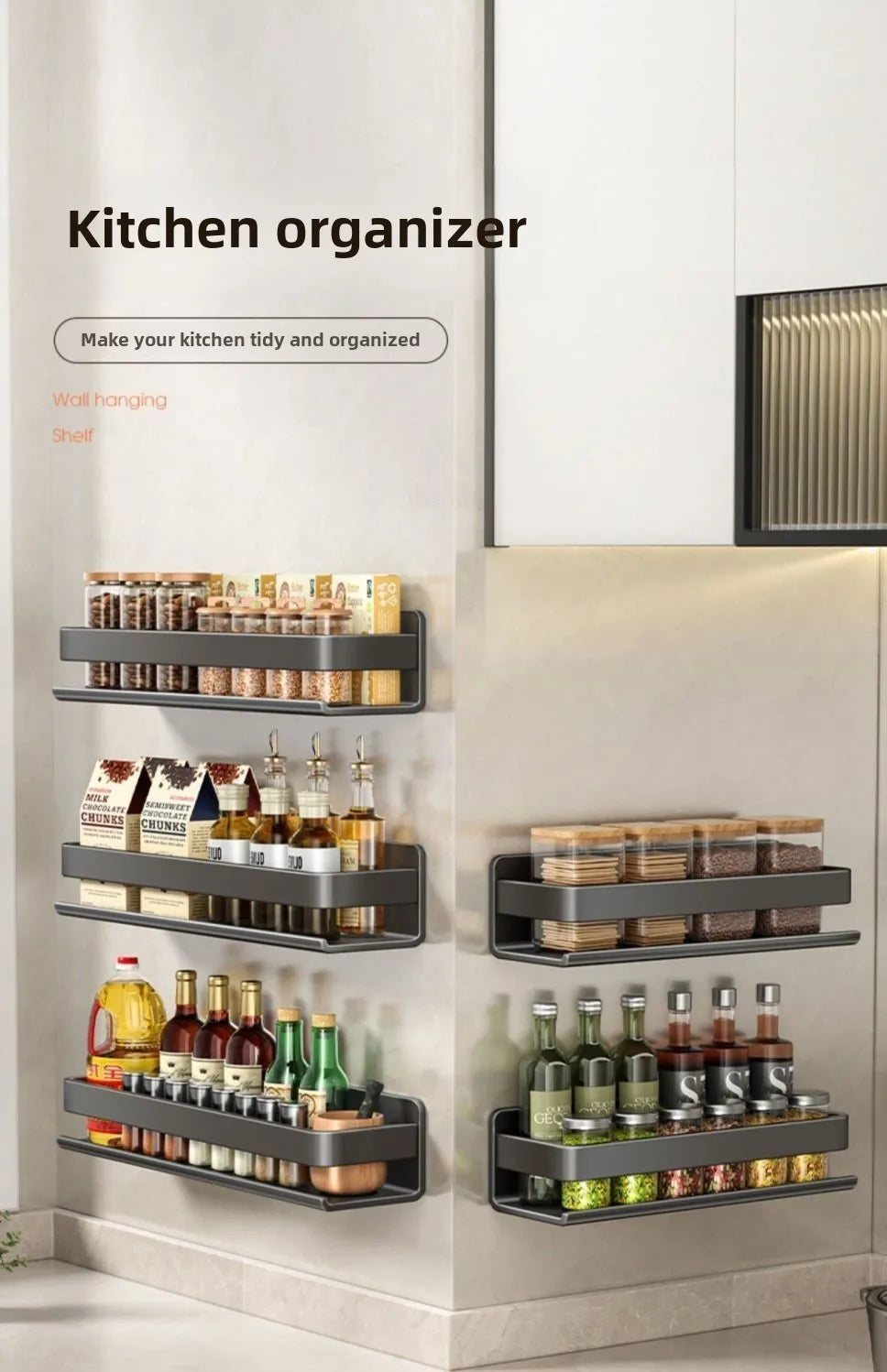 Metal Wall-Mounted Spice Rack Multifunctional Item Shelf Hooks Condiment Storage Organizer Rack Kitchen Accessories Organizer