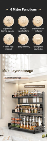 3 Tier Spice Storage Rack for Countertop Adjustable Spice Organization for Cabinet Kitchen Organizer Metal Shelf Black