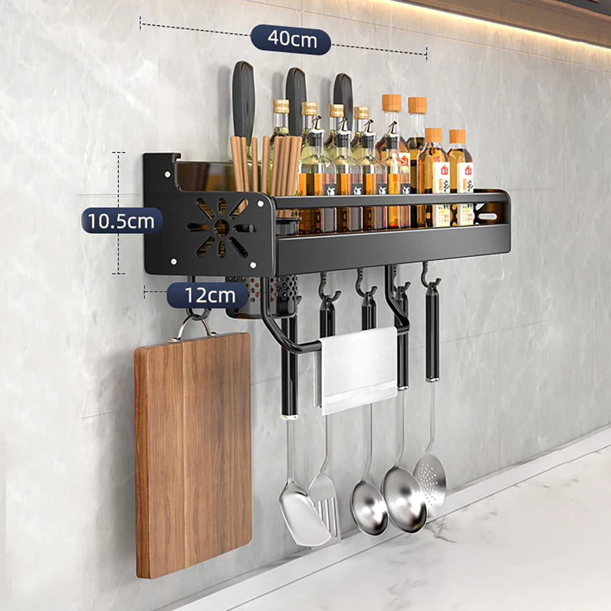 Metal Kitchen Shelf No-Punch Large Capacity Storage Kitchen Utensils Skeletonized Drainage Design Easy to Clean Black